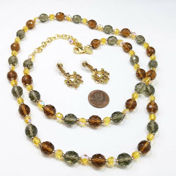 Joan Rivers Yellow Topaz Green Glass Bead Necklace & Post Drop Earrings, 1990s - Picture 4 of 10